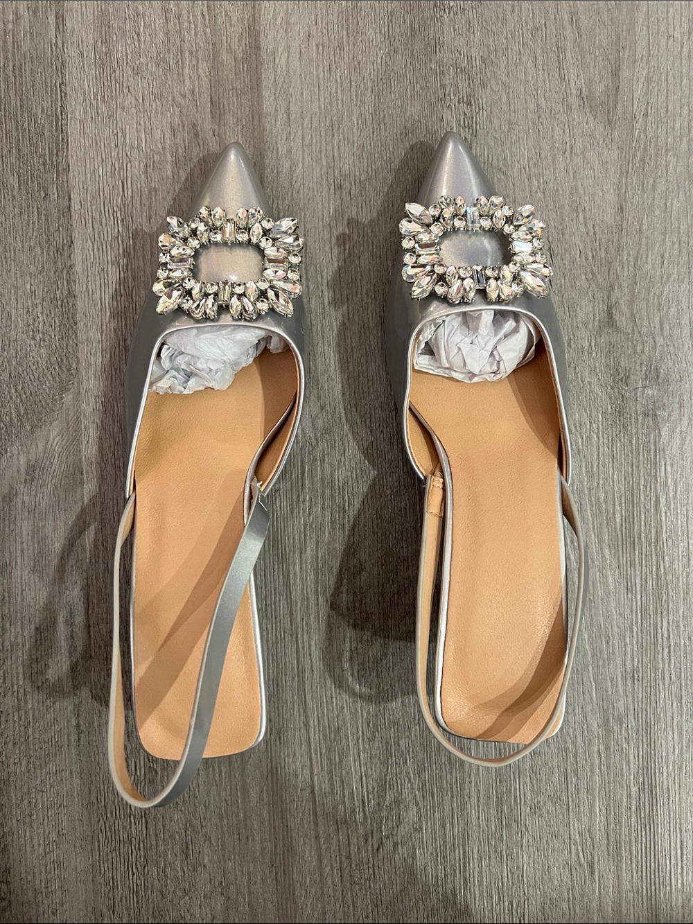 Silver Pointed-Toe Slingback Kitten Heels